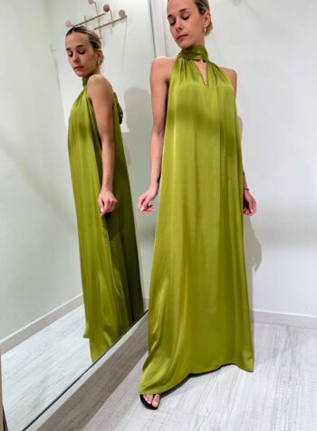 Shop Online Vestito lungo satin verde olio con fiocco Vicolo