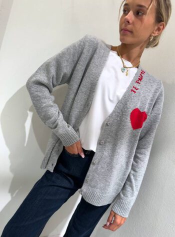 Shop Online Cardigan in maglia grigio con ricamo rosso Kontatto