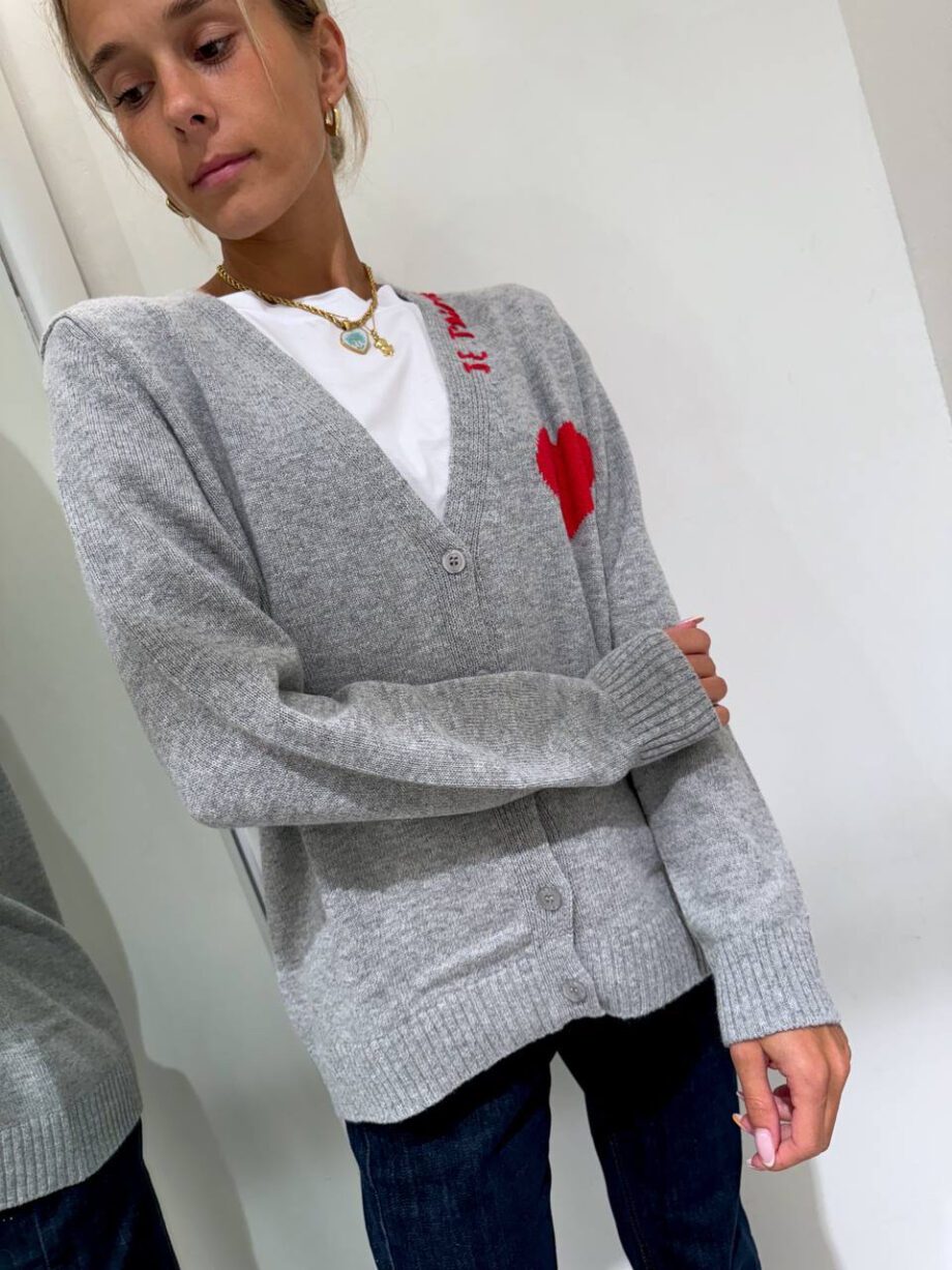 Shop Online Cardigan in maglia grigio con ricamo rosso Kontatto