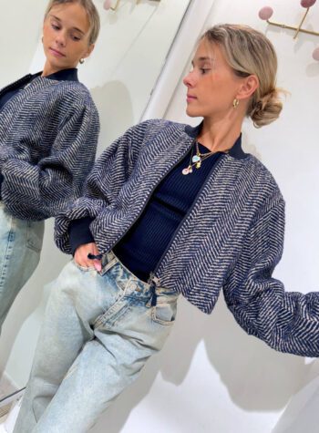 Shop Online Bomber corto blu spigato in panno Vicolo