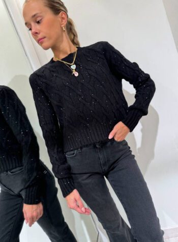 Shop Online Maglione corto nero trecce micro paillettes HaveOne