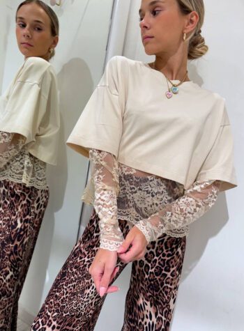 Shop Online T-shirt crop beige maniche pizzo Vicolo