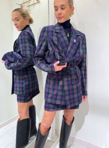 Shop Online Blazer tartan blu verde e rosso con cintura Susy Mix