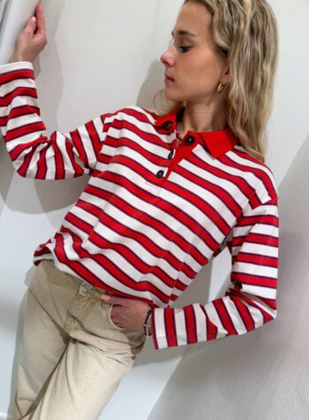 Shop Online Maglia polo manica lunga righe bianca e rossa Vicolo